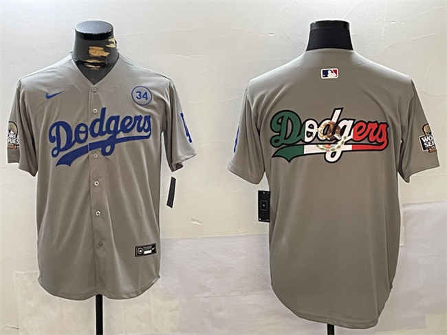 Men's Los Angeles Dodgers Team Big Logo Grey 2024 World Series With No. 34 Patch Limited Stitched Baseball Jersey Men's Los Angeles Dodgers Team Big Logo Grey 2024 World Series With No. 34 Patch Limited Stitched Baseball Jersey